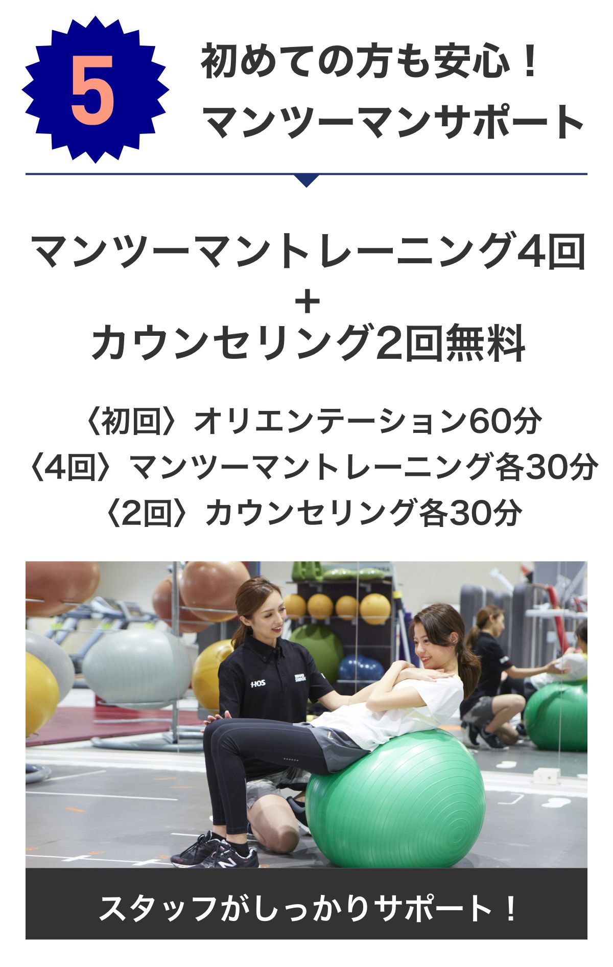 特典5 初めての方も安心！マンツーマンサポート パーソナルトレーニング4回無料 カウンセリング2回無料